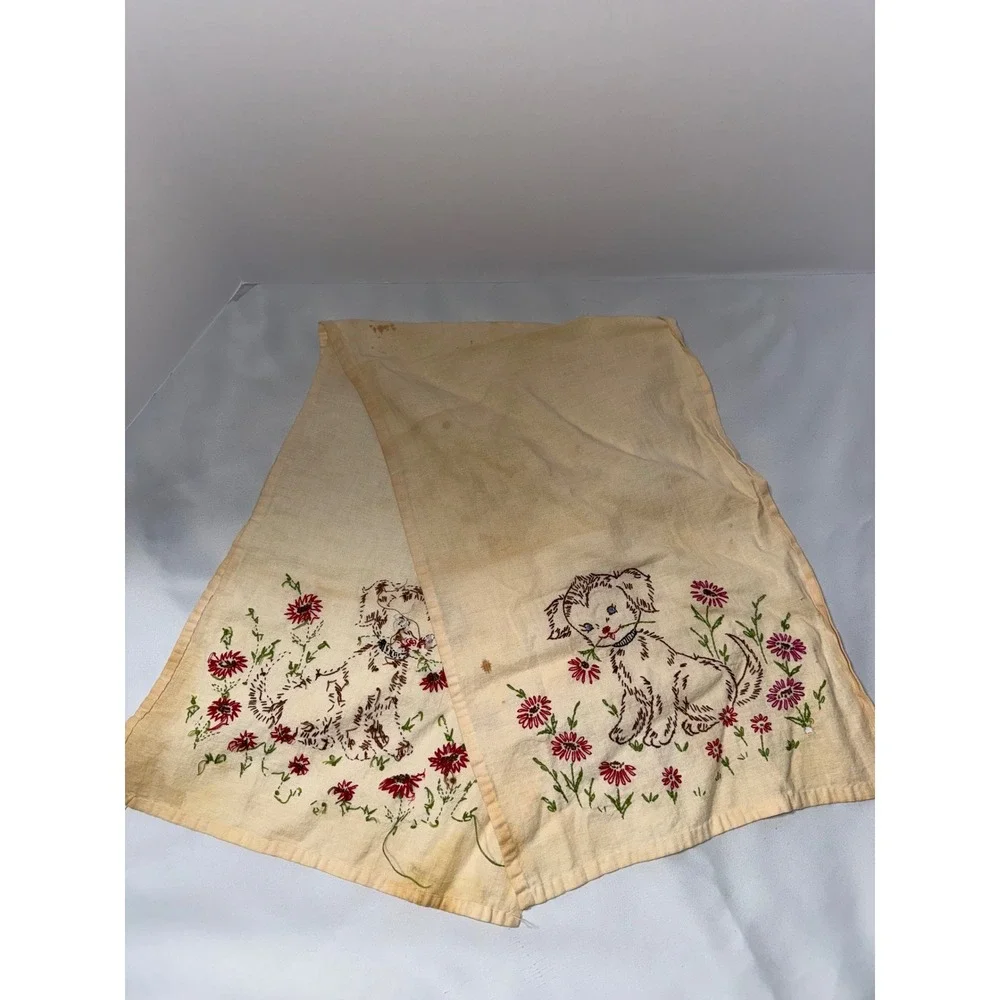 Vintage Crochet Doilies & Embroidered Puppy Linen Lot Shabby Chic Crafting 8pc